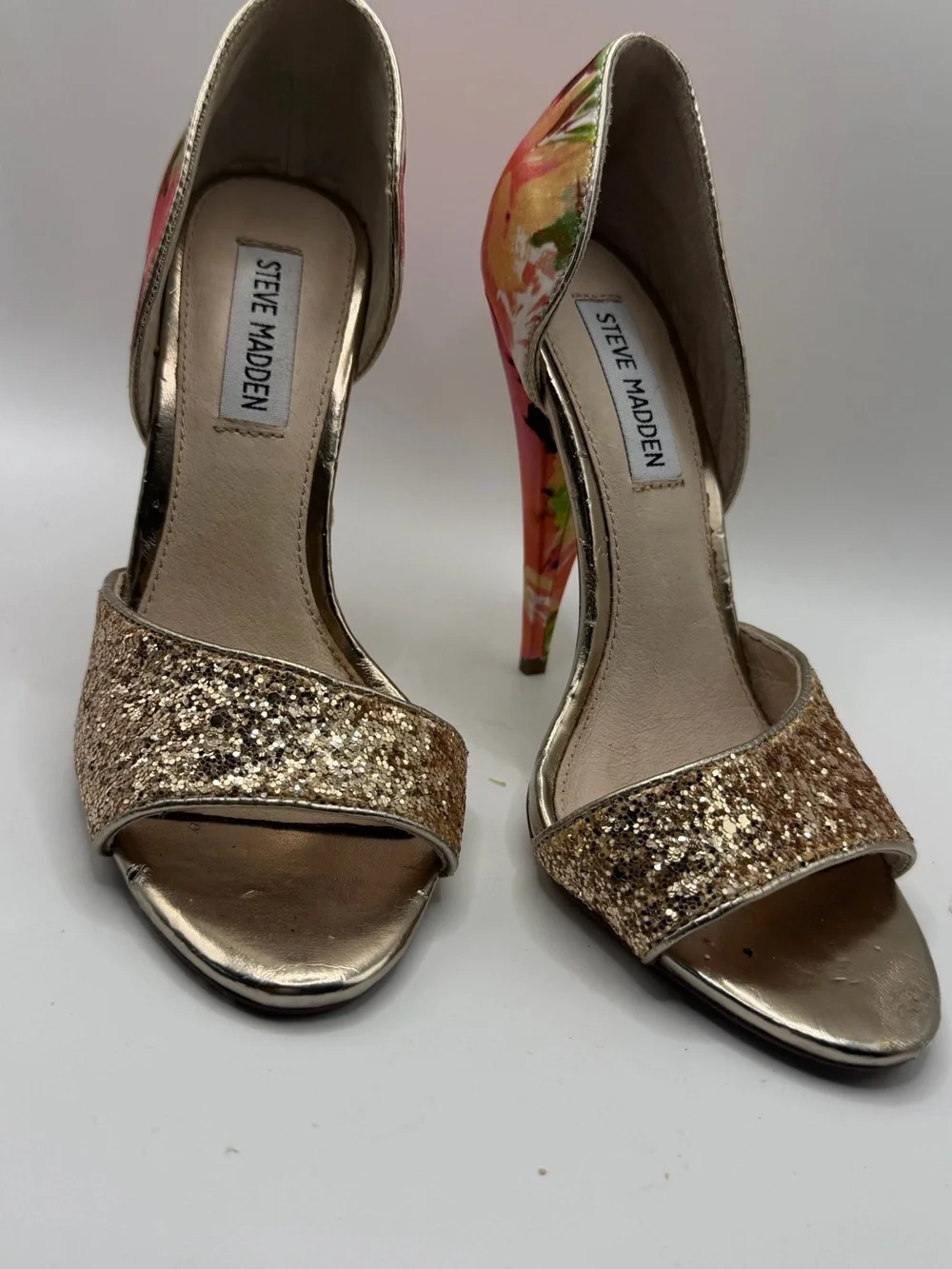 NWT Steve Madden Delacaci Floral & Gold Glitter D’Orsay Cone Heel Open Toe